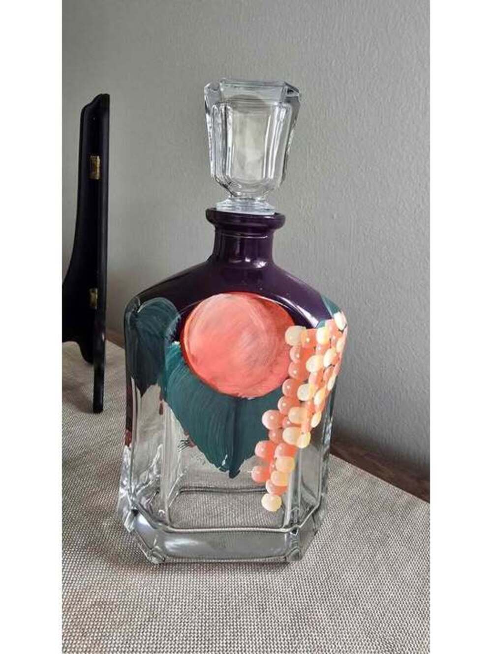 Hand Painted Glass Decanter Bottle w/ Stopper Fruit Design New Vintage Style
